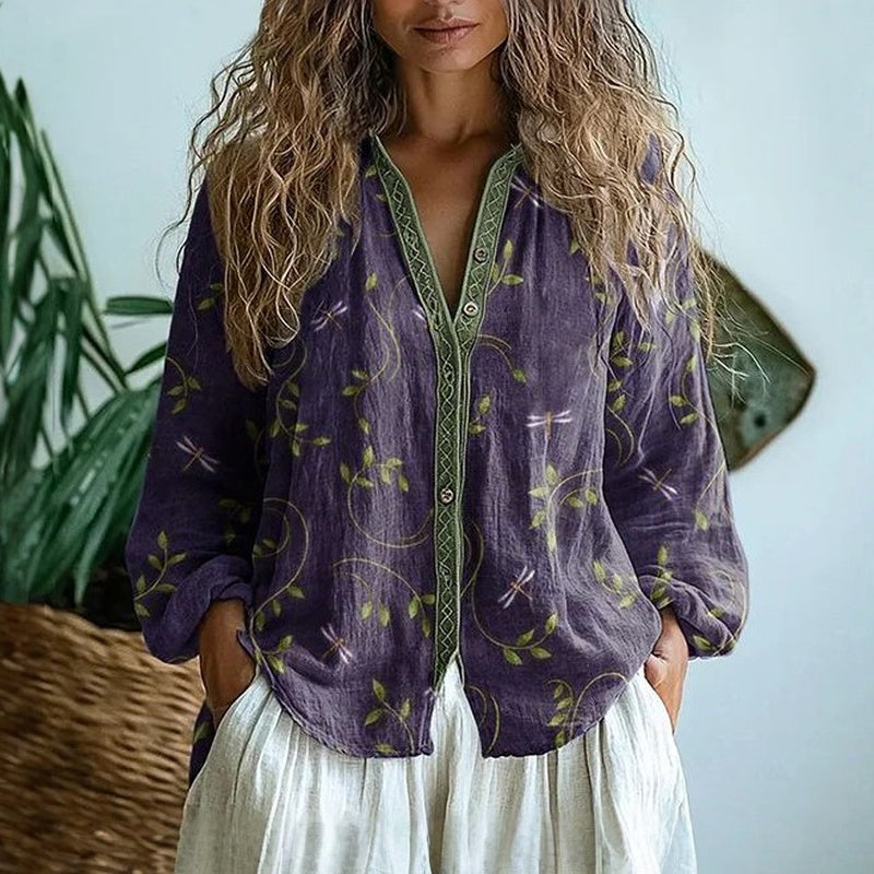 Evelyn | Elegant Vintage Leaf Print Shirt - Purple