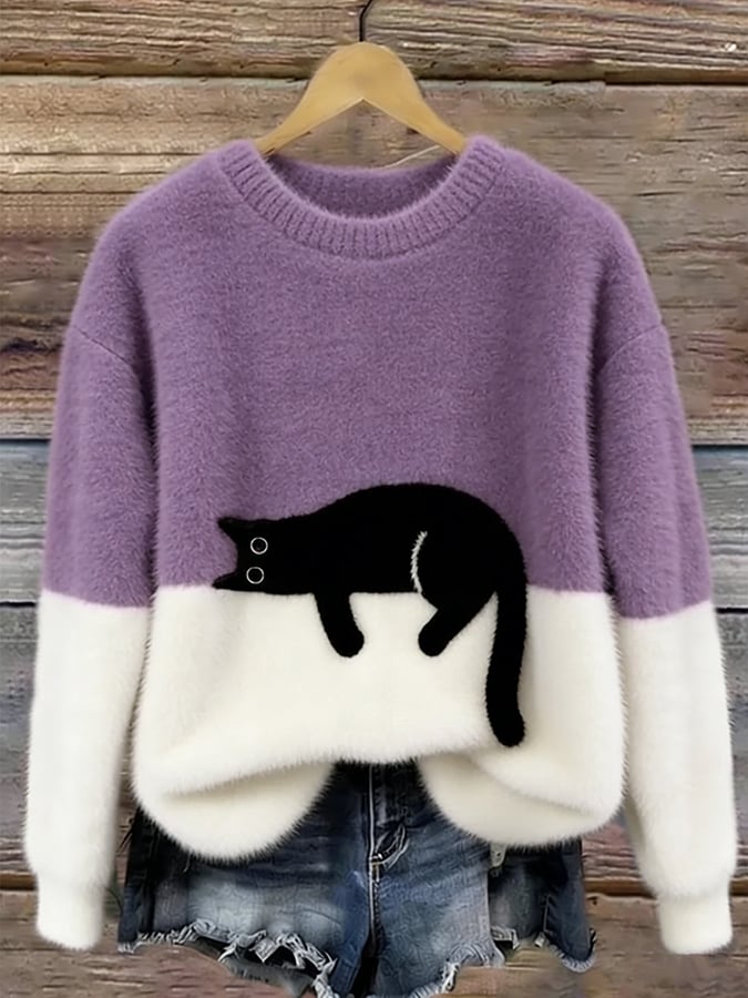 Shirley | Women's Sweatshirt with Cat Graphic - Purple