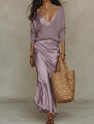 Pearl | Midi Satin Dress with Included Sweater - Lilac