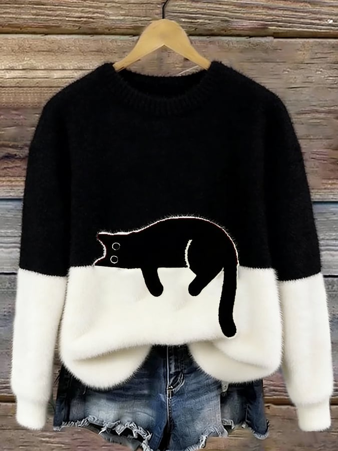 Constance | Women's Sweatshirt with Cat Graphic - Black