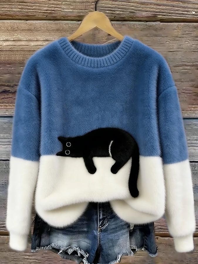 Constance | Women's Sweatshirt with Cat Graphic - Blue