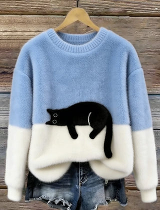 Shirley | Women's Sweatshirt with Cat Graphic - Light Blue