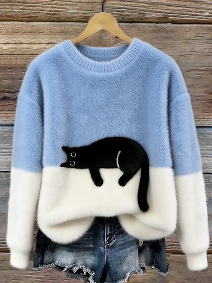Shirley | Women's Sweatshirt with Cat Graphic - Light Blue
