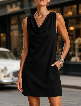 Virginia | Solenne – Cowl Neck Mini Dress with Pockets, Slim Fit Sleeveless Shift - Black