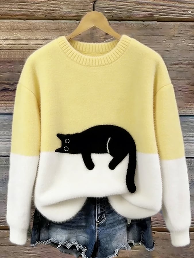 Shirley | Women's Sweatshirt with Cat Graphic - Yellow