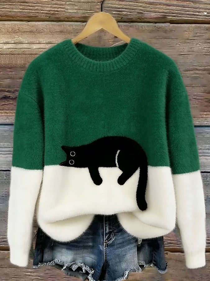 Constance | Women's Sweatshirt with Cat Graphic - Green