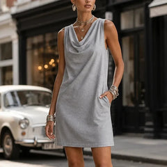 Virginia | Solenne – Cowl Neck Mini Dress with Pockets, Slim Fit Sleeveless Shift - Grey