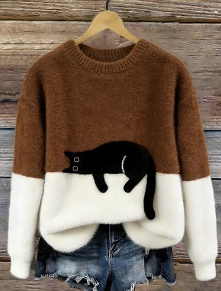 Shirley | Women's Sweatshirt with Cat Graphic - Brown