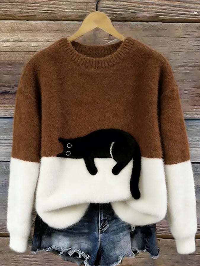 Constance | Women's Sweatshirt with Cat Graphic - Brown