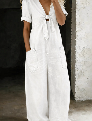 Barbara | V Neck Short Sleeve Jumpsuit - White