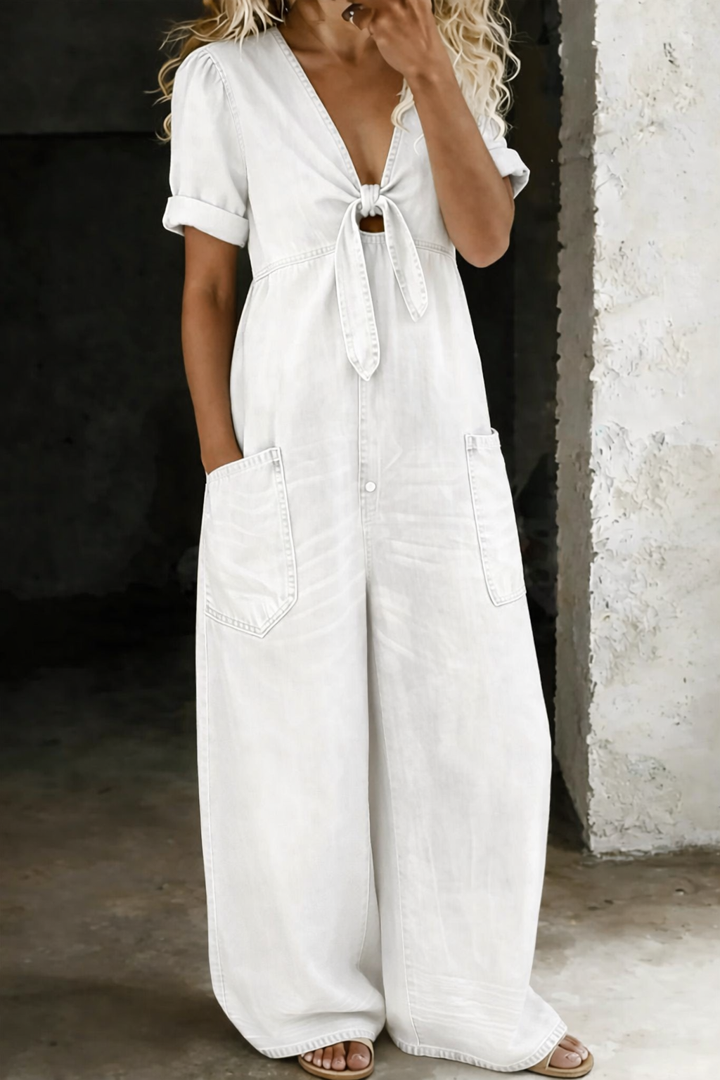 Barbara | V Neck Short Sleeve Jumpsuit - White