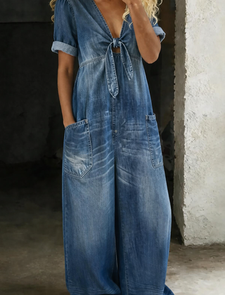 Barbara | V Neck Short Sleeve Jumpsuit - Blue