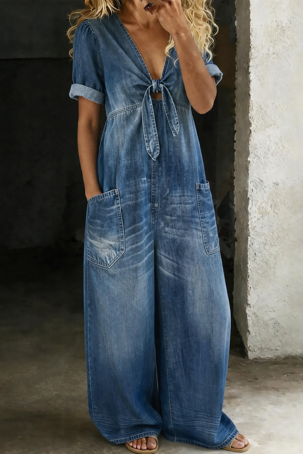 Barbara | V Neck Short Sleeve Jumpsuit - Blue