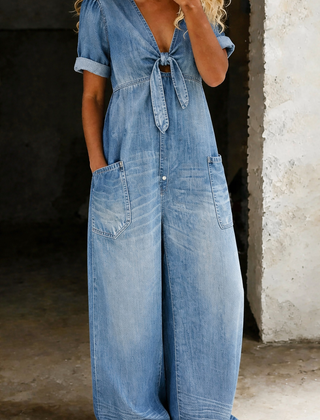 Barbara | V Neck Short Sleeve Jumpsuit - Light Blue