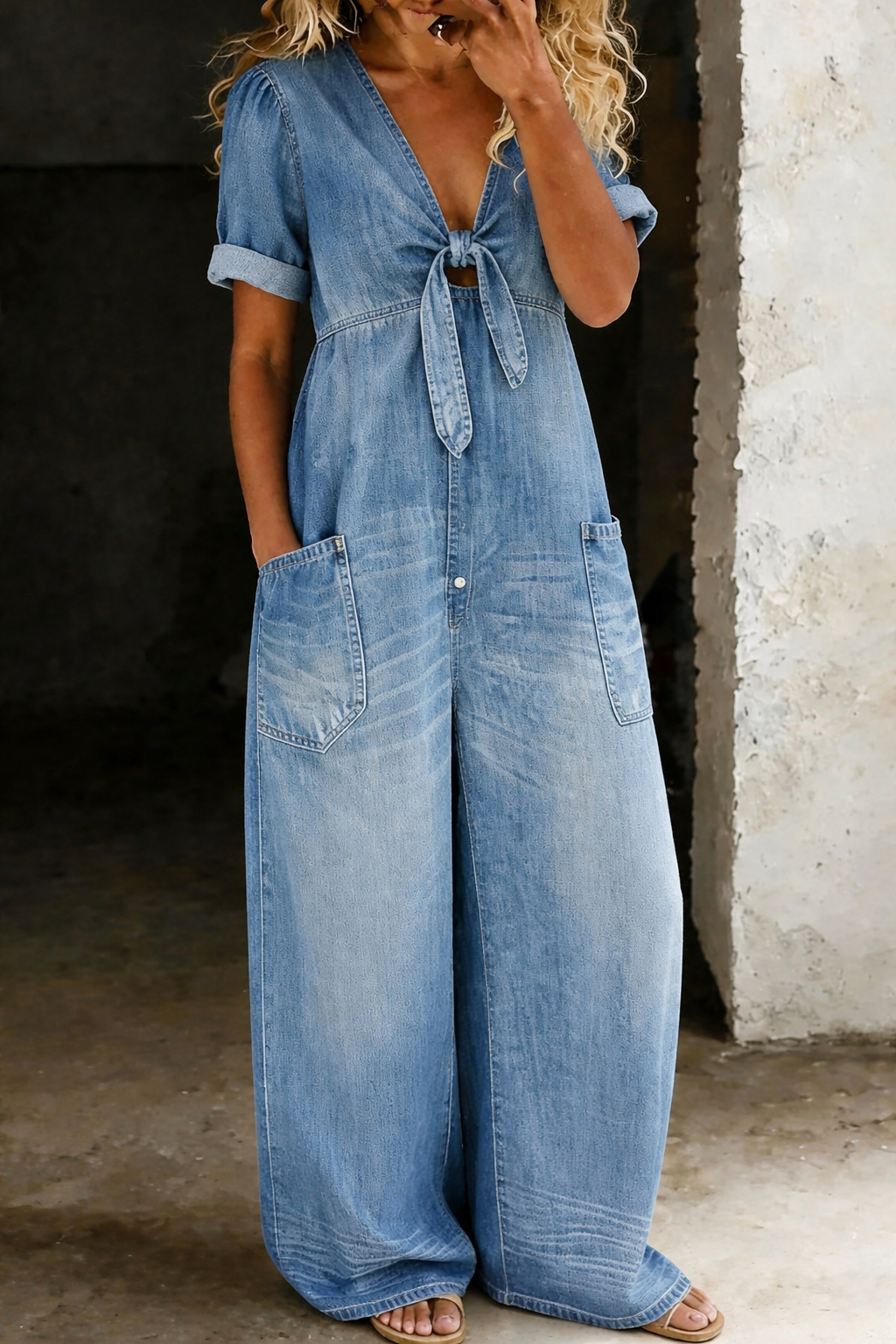 Barbara | V Neck Short Sleeve Jumpsuit - Light Blue