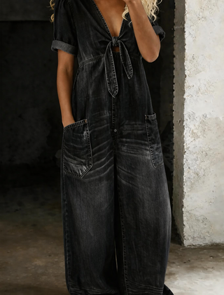 Barbara | V Neck Short Sleeve Jumpsuit - Black