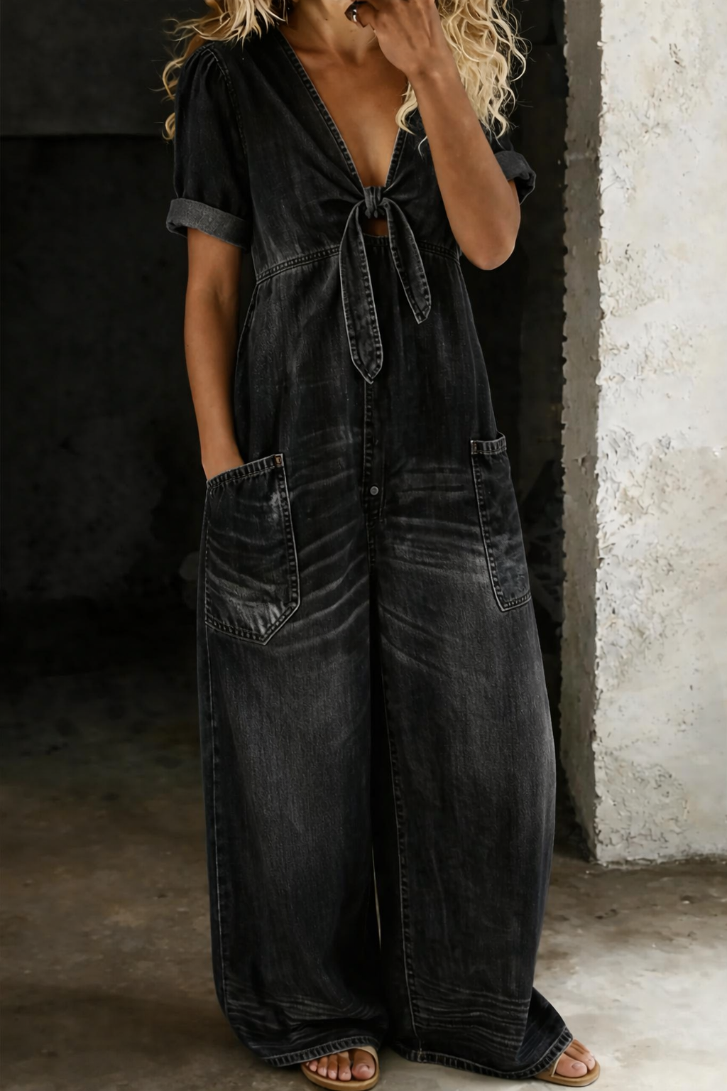 Barbara | V Neck Short Sleeve Jumpsuit - Black