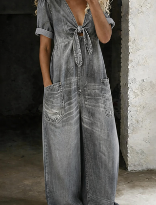 Barbara | V Neck Short Sleeve Jumpsuit - Grey
