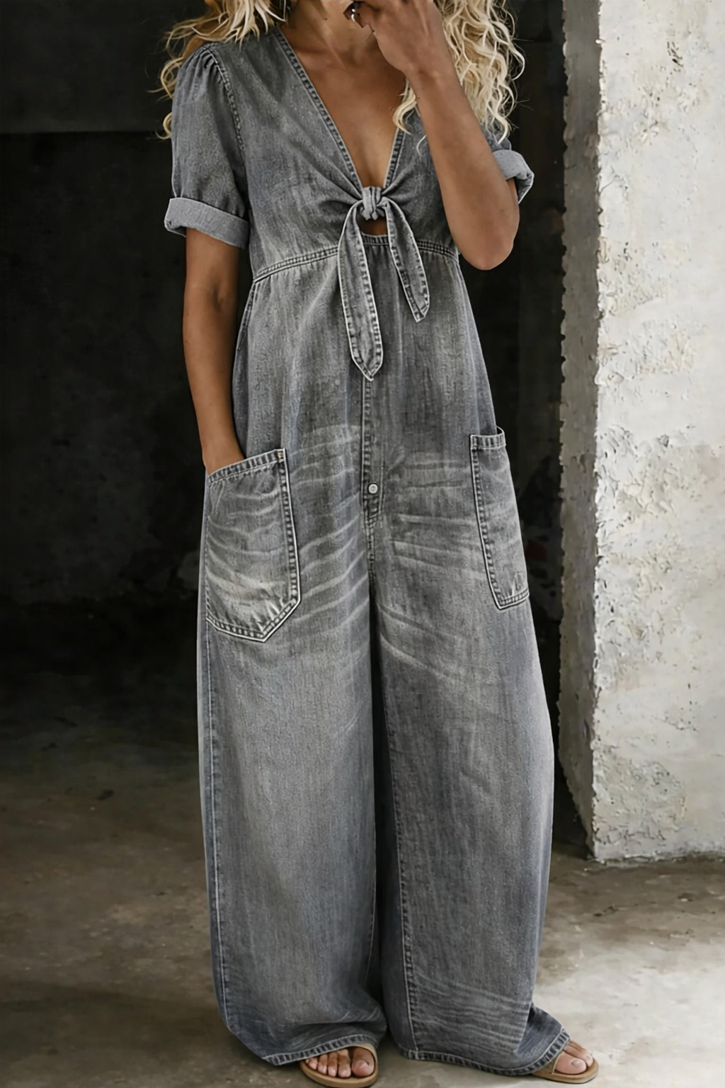 Barbara | V Neck Short Sleeve Jumpsuit - Grey