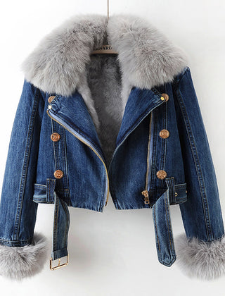 Janet | Margaux Luxe Lined Fox Fur Denim Coat - Dark Blue