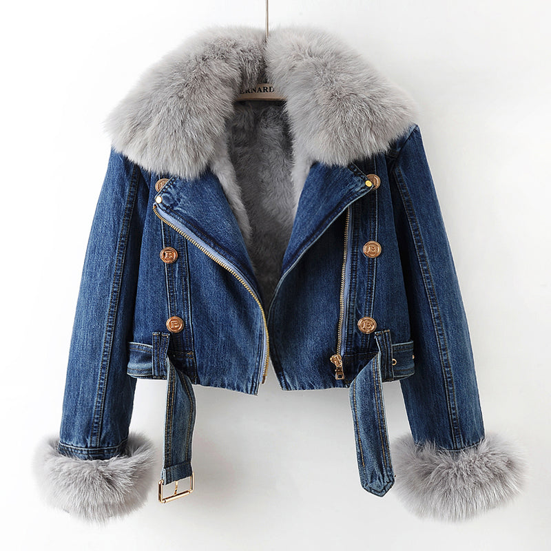Janet | Margaux Luxe Lined Fox Fur Denim Coat - Dark Blue
