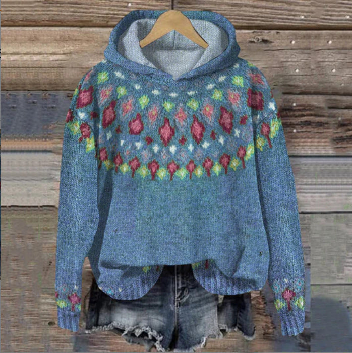 Sharon | Ethnic Retro Hoodie - Denim Blue