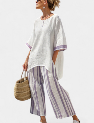 Linda | Comfortable Relaxed Blouse & Striped Bamboo Pants - Purple Stripe