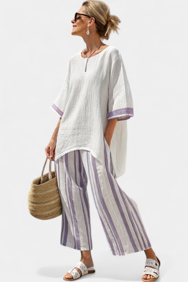 Linda | Comfortable Relaxed Blouse & Striped Bamboo Pants - Purple Stripe