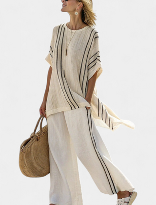 Norma | Elegant Ivory Linen Blouse & Black Striped Pants - Black Stripe