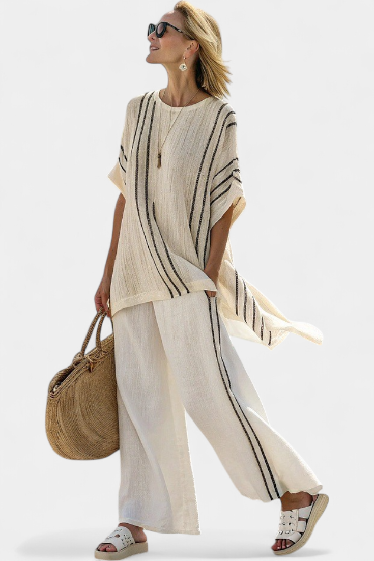 Norma | Elegant Ivory Linen Blouse & Black Striped Pants - Black Stripe