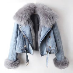 Janet | Margaux Luxe Lined Fox Fur Denim Coat - Light Blue