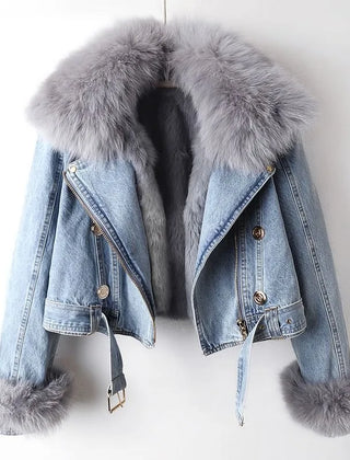 Janet | Margaux Luxe Lined Fox Fur Denim Coat - Light Blue