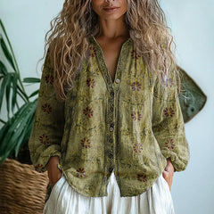 Evelyn | Elegant Vintage Leaf Print Shirt - Green