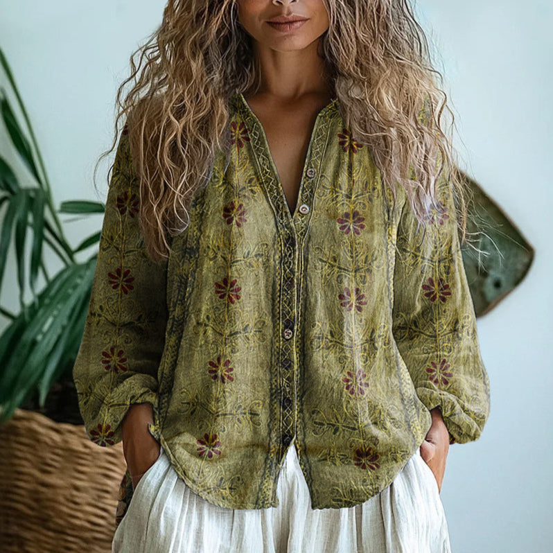 Evelyn | Elegant Vintage Leaf Print Shirt - Green