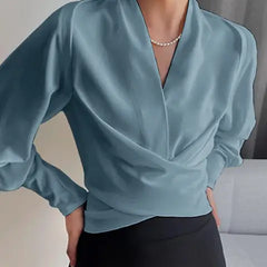Denise | CASSANDRA – ELEGANT DRAPED V-NECK BLOUSE - Blue
