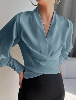 Denise | CASSANDRA – ELEGANT DRAPED V-NECK BLOUSE - Blue