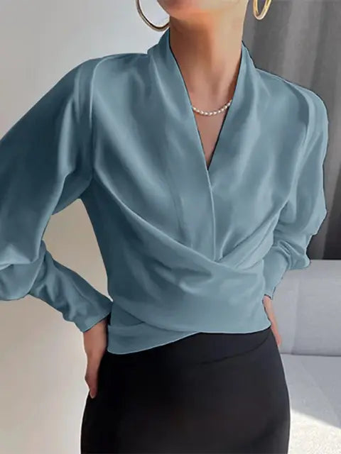 Denise | CASSANDRA – ELEGANT DRAPED V-NECK BLOUSE - Blue
