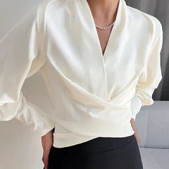 Denise | CASSANDRA – ELEGANT DRAPED V-NECK BLOUSE - White