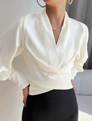 Denise | CASSANDRA – ELEGANT DRAPED V-NECK BLOUSE - White