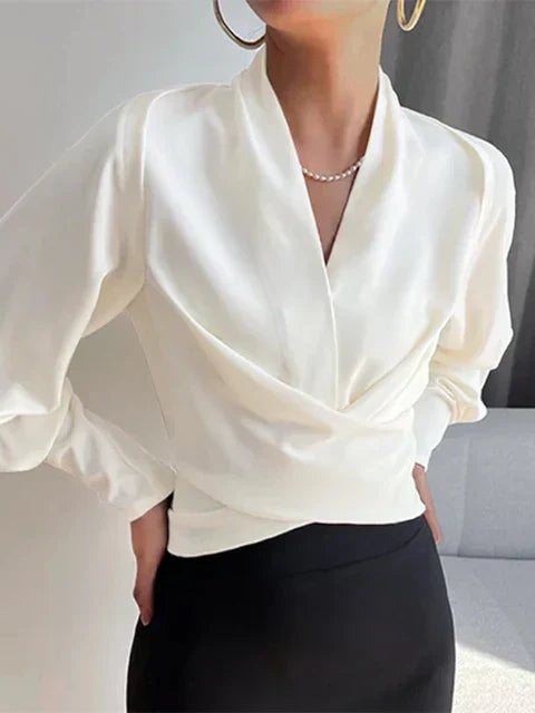 Denise | CASSANDRA – ELEGANT DRAPED V-NECK BLOUSE - White