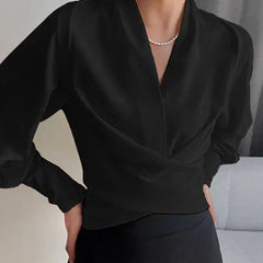 Denise | CASSANDRA – ELEGANT DRAPED V-NECK BLOUSE - Black