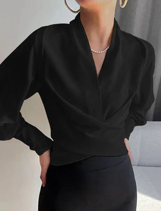 Denise | CASSANDRA – ELEGANT DRAPED V-NECK BLOUSE - Black