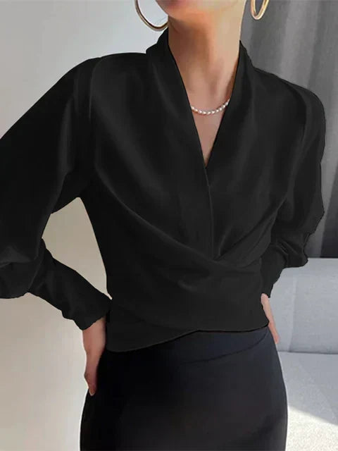 Denise | CASSANDRA – ELEGANT DRAPED V-NECK BLOUSE - Black