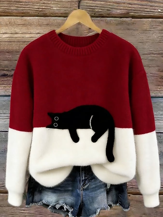 Shirley | Women's Sweatshirt with Cat Graphic - Red