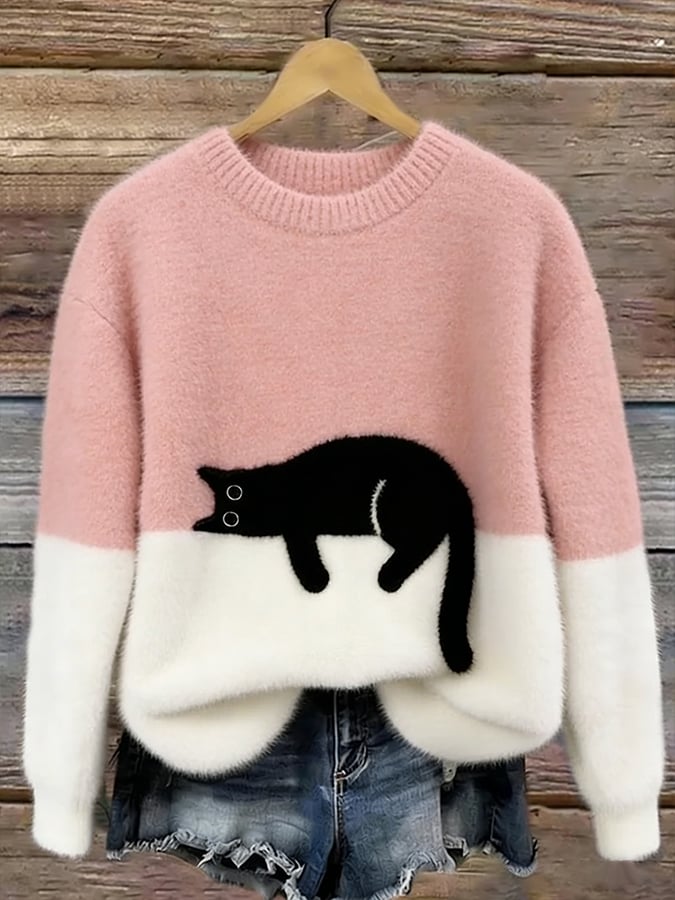 Shirley | Women's Sweatshirt with Cat Graphic - Pink