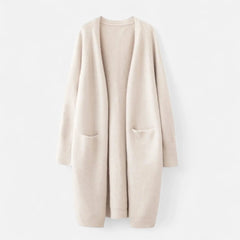 Josephine | Women's Ribbed Knit Longline Cardigan Sweater with Pockets - Beige
