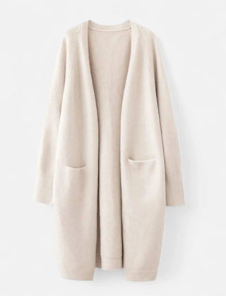Josephine | Women's Ribbed Knit Longline Cardigan Sweater with Pockets - Beige