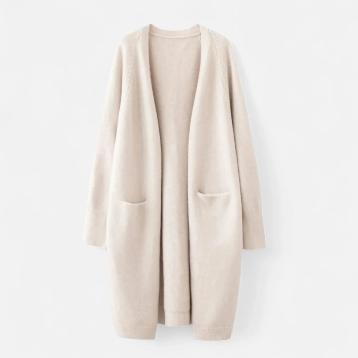 Josephine | Women's Ribbed Knit Longline Cardigan Sweater with Pockets - Beige