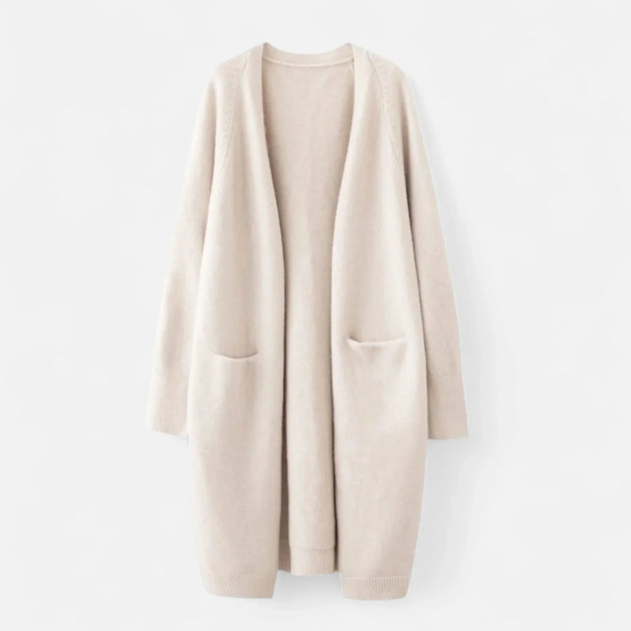 Josephine | Women's Ribbed Knit Longline Cardigan Sweater with Pockets - Beige