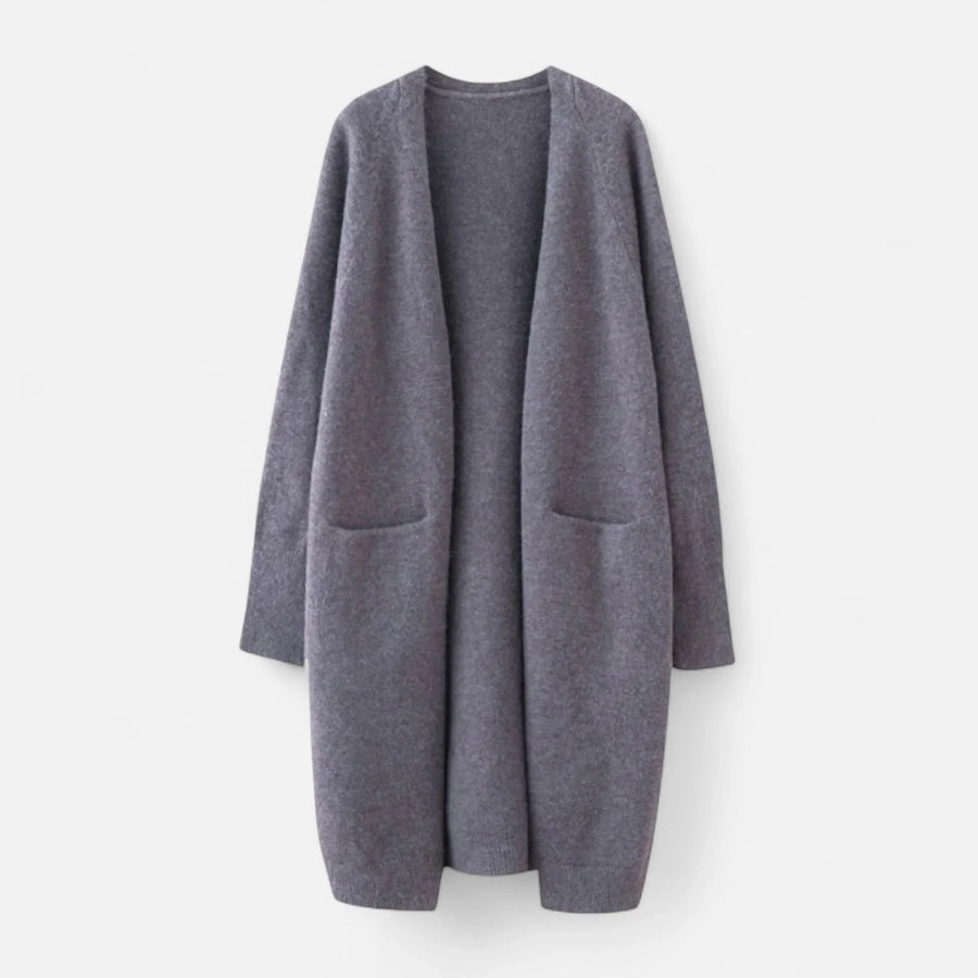 Josephine | Women's Ribbed Knit Longline Cardigan Sweater with Pockets - Gray